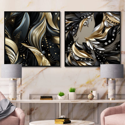 Deep Black And Gold Elegance - Abstract Canvas Prints Set Of 2