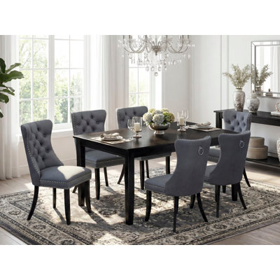 7 Piece Dinette Set Includes a Dining Table and 6 Polyester Fabric Upholstered Parson Chairs, Black
