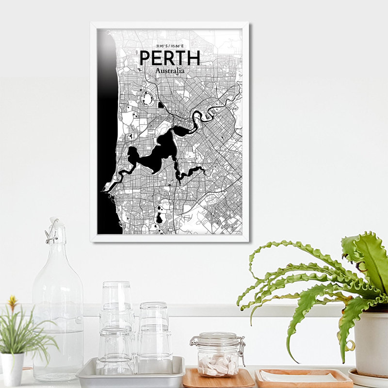 «Perth City Map», impression, Noir / blanc, H 27,6 po x l 19,7 po
