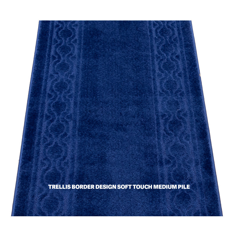 Tapis antidérapants bleu royal à poils moyens avec bordure en treillis, Tapis de couloir 2 pi 2 po x 23 pi