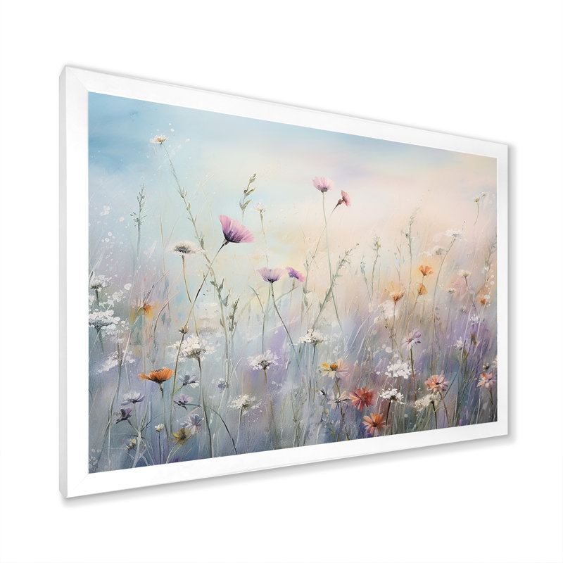 Wildflowers Wander meadows - Art mural de fleurs sauvages pour le salon, Cadre photo unique, H 30 po x l 40 po, Blanc