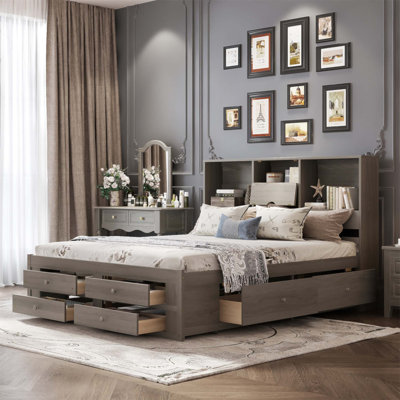 Wooden Platform Bed Frame with Storage Headboard and 8 Under‑Bed Drawers, Solid Pine Wood Bed with Built‑in Shelf Compartments, Wood Slat Support, No Box Spring Needed for Bedroom