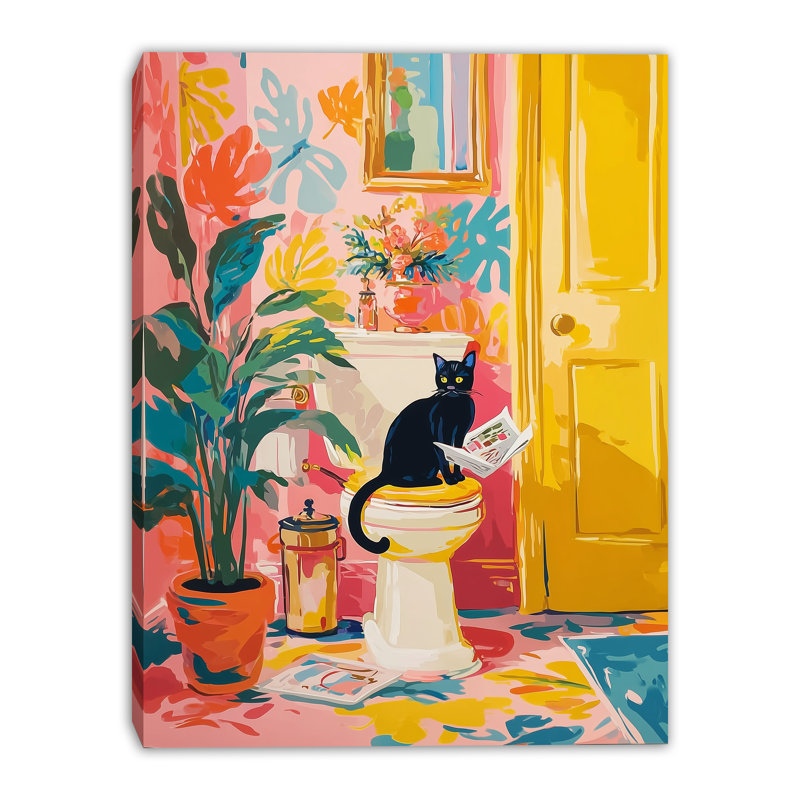 «Whimsical Modern Bathroom Scene» avec reproduction d'art sur toile tendue avec chat noir, H 24 po x l 16 po x P 1 po