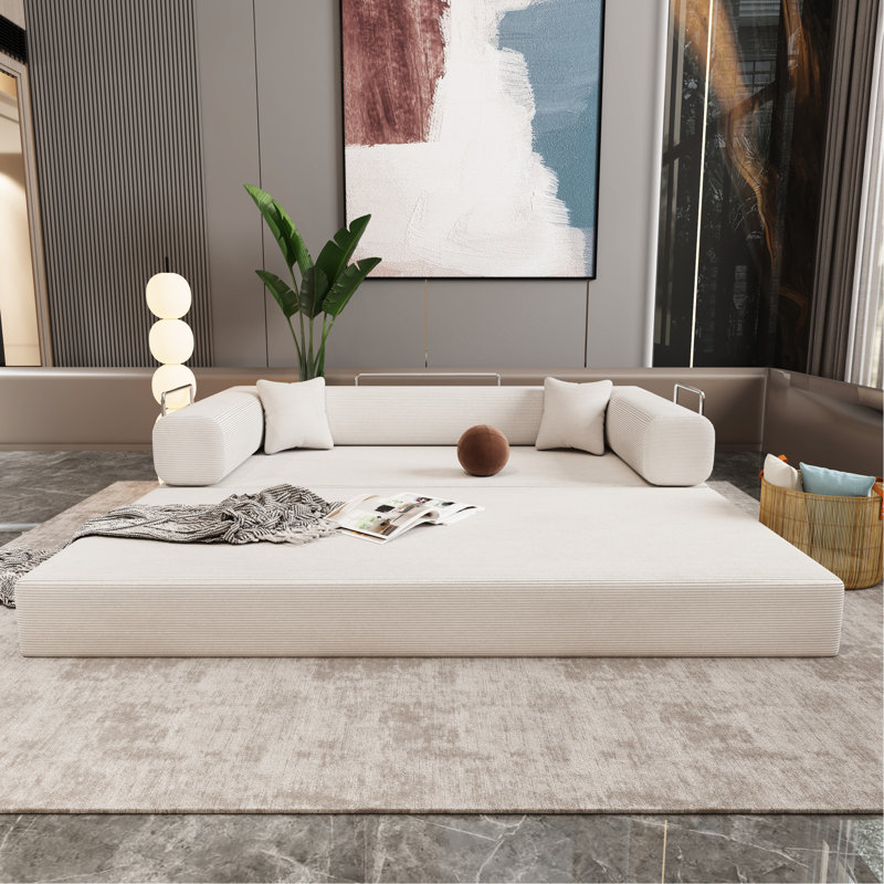 Lit double large en velours côtelé beige, éponge pure à haute élasticité, velours à fines rayures, 2 sièges pour l'espace de vie principal, deux coussins moelleux en velours,