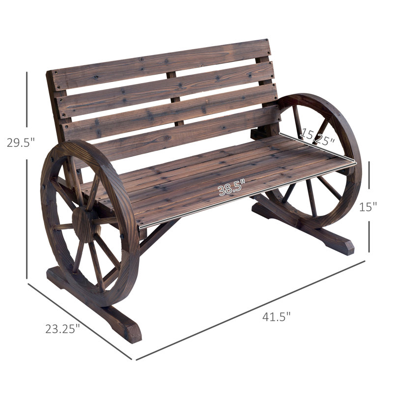 41" Rustic Bench, Wooden For Patio, Weather-, 2 Seat With And Wagon Wheel , Long-Lasting Construction, Brown Patio Furniture , Solid Wood,