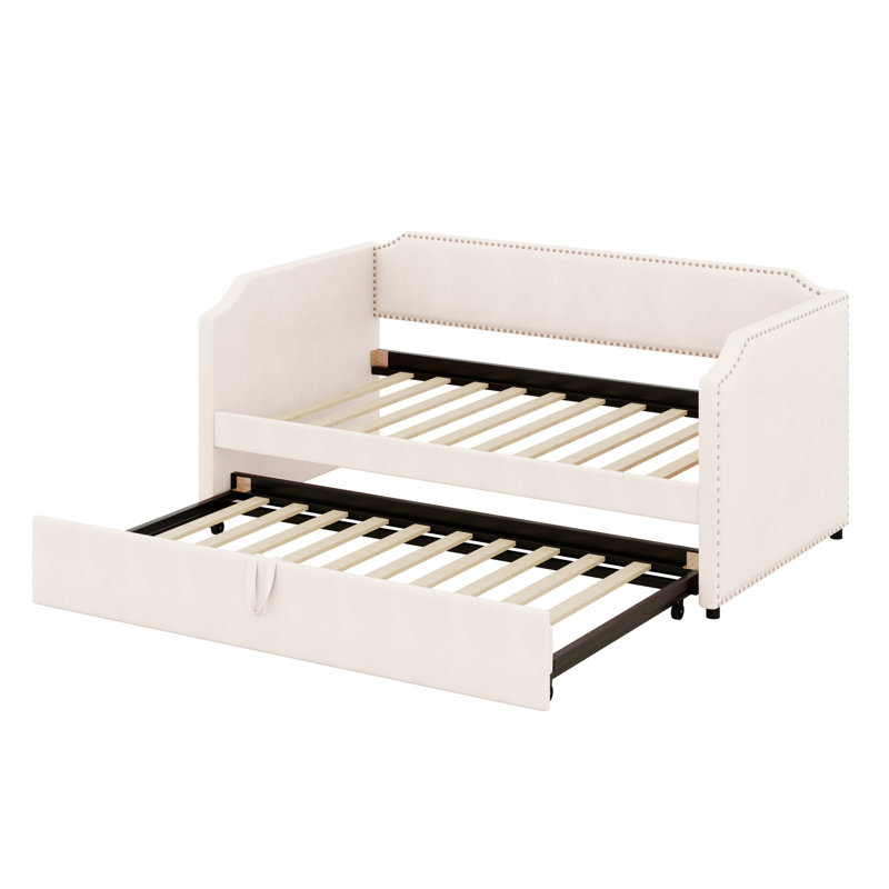 Lit de jour en velours avec lit gigogne, Beige