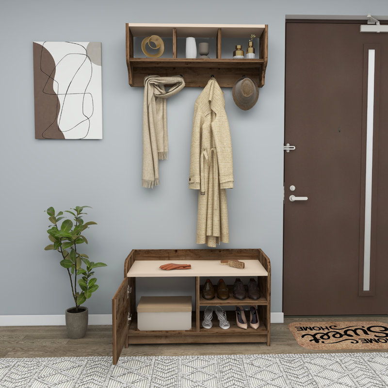 Macclemmy 83.6 cm W Hall Tree with Shoe Storage, Light Walnut/Beige