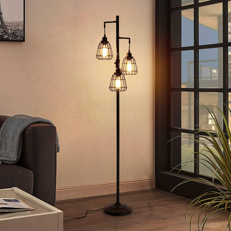 68" Industrial Farmhouse Floor Lamp With 3 Teardrop Cages & 3 Dimmable Led Edison Bulbs, Tall Standing Lamp For Living Room, Bedroom, Office