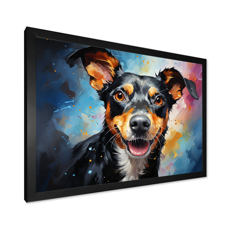 Popart Rat Terrier Rascal sur toile, Cadre d'angle fermé noir, H 30 po x l 40 po x P 1,5 po