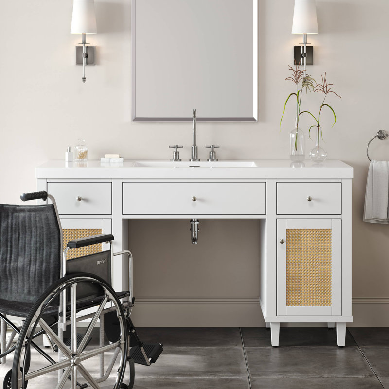 Meuble-lavabo de 60 po avec lavabo SMC, armoire de rangement spacieuse moderne avec tiroirs à fermeture en douceur et plateau basculant, pieds en bois massif et poignées en métal argenté