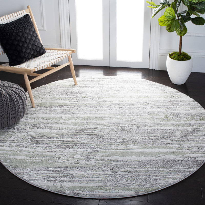 Round 6'7" Grey and Green Abstract Synthetic Area Rug