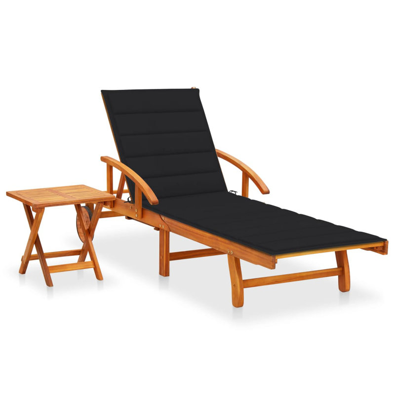 Chaise longue simple en acacia de 16 po avec coussins et table, Noir