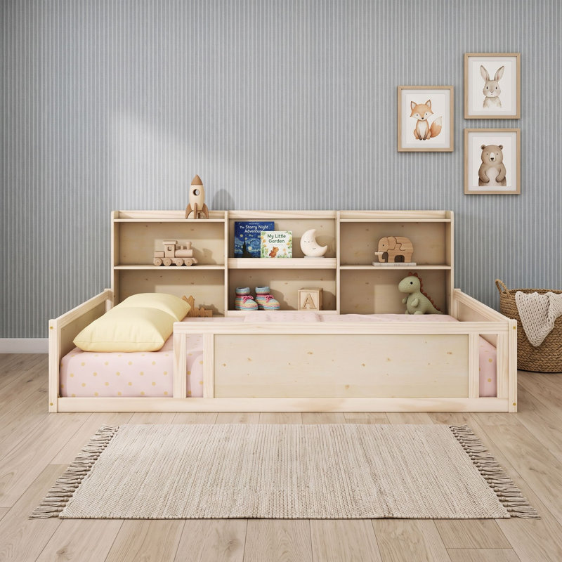 Lit plateforme en bois avec garde-corps et tablettes de rangement latérales, Lit double, Naturel