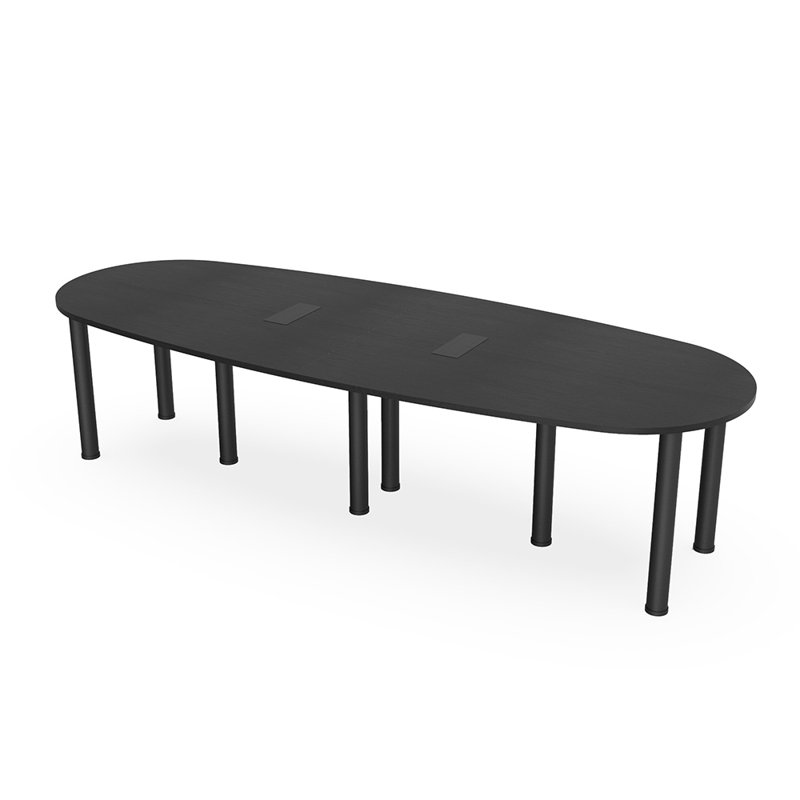 Table de réunion ovale en forme de bateau avec pieds de poteau électriques et données, L 120 po x l 48 po, Cyprès noir