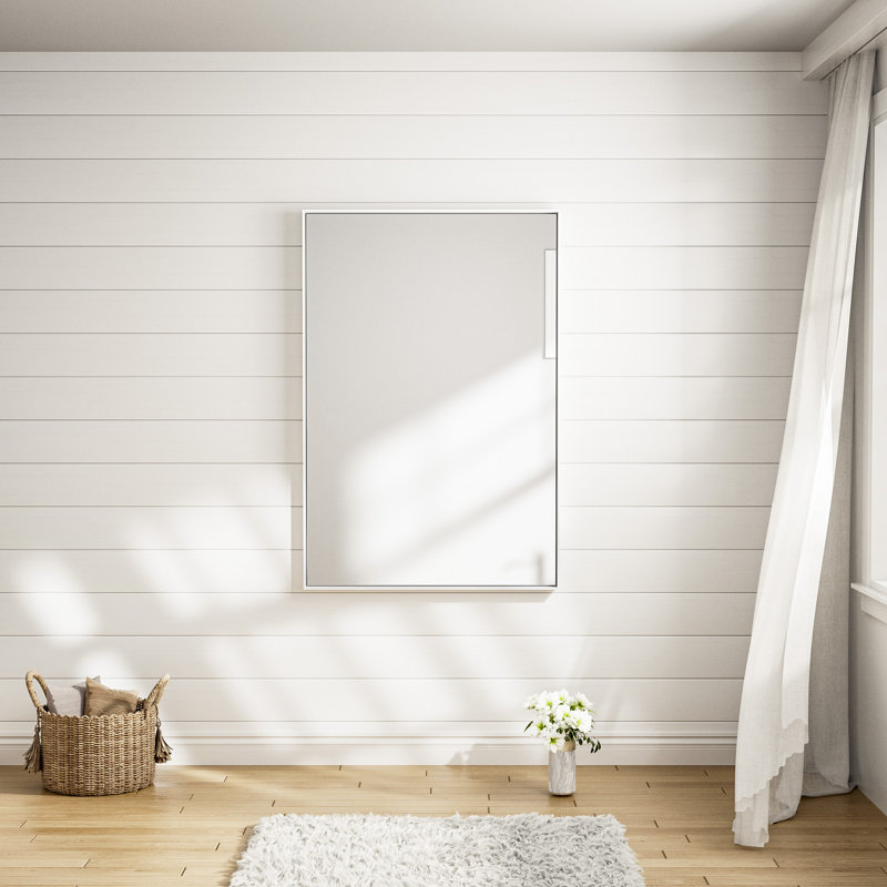 Miroir mural français en verre trempé et en alliage d'aluminium, Blanc, 48 po x 30 po