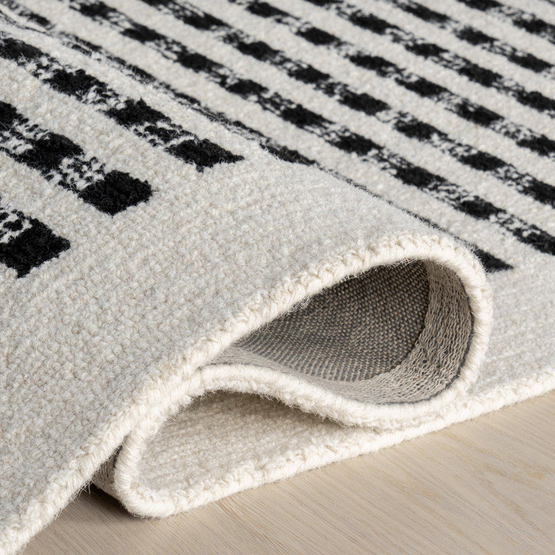 Ivory and Black Wool Handmade Braided Rectangular Area Rug