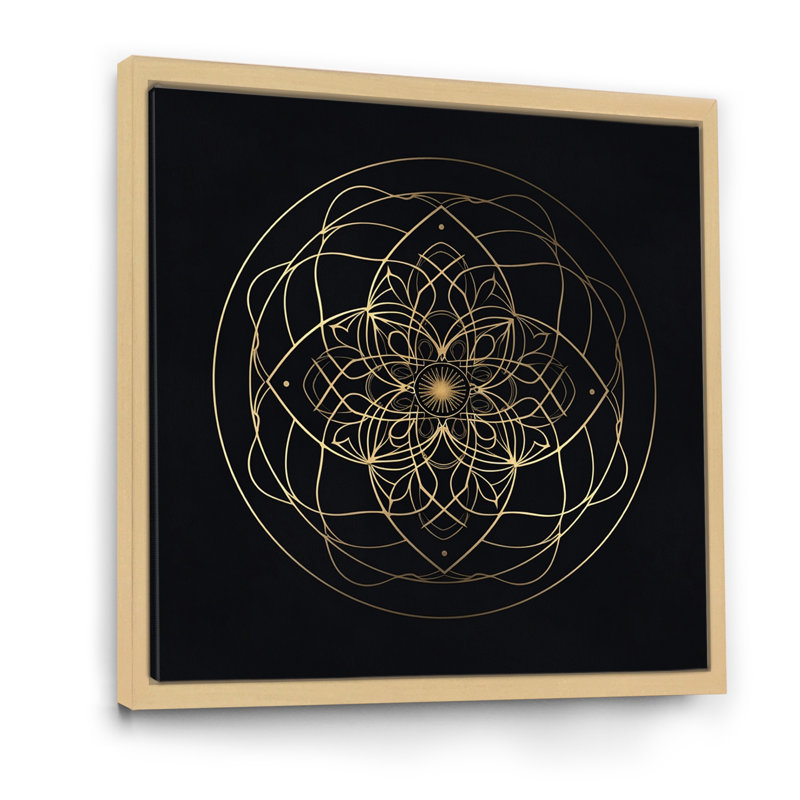 Visions de géométrie sacrée dorée sur fond noir sur toile, H 16 po x l 16 po, Cadre naturel flottant