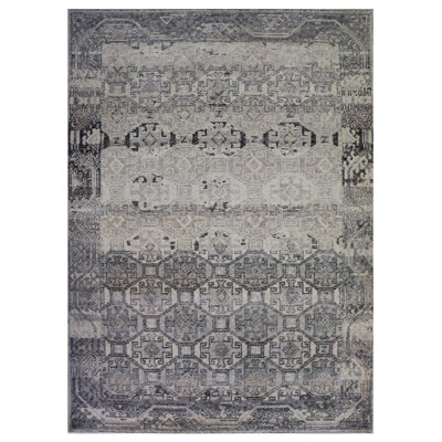 Tapis rectangulaire en laine fabriqué à la main Baku en gris / sauge / ivoire / noir