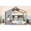 Lit de maison gris au sol pleine grandeur avec caractéristiques, tablette de rangement et toit d'expérience Playhouse, design pour un repos confortable-121076727
