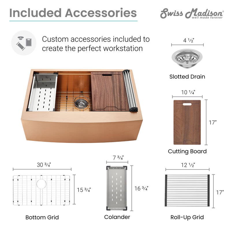 Tourner 33 x 22 Stainless Steel, Single Basin, Farmhouse Kitchen Workstation Sink with Apron, Rose Gold