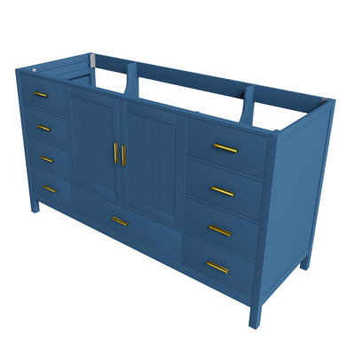 Base de meuble-lavabo 60 po avec 2 portes doubles à fermeture douce, 1 grand tiroir, 6 petits tiroirs et 2 petits compartiments de rangement rabattables (bleu)