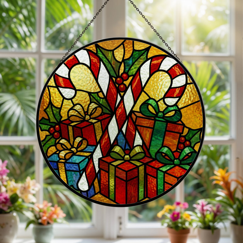 12"H Christmas Candy Stained Glass Window Panel