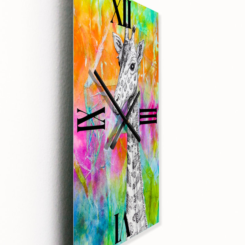White Giraffe Drawing on Bright Rainbow - Children's Art Wall Clock, Small