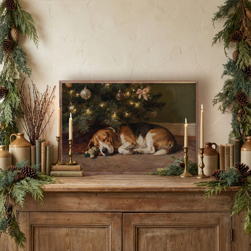 Beagle sous l'arbre de Noël, H 5 po x l 8 po
