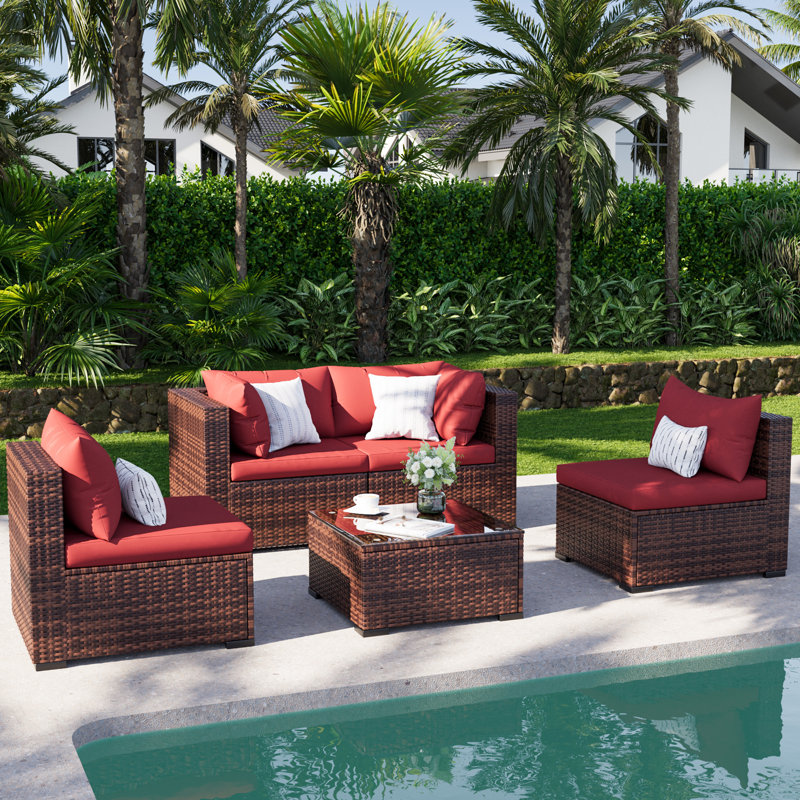 Modular Brown PE Rattan Outdoor Conversation Sets, 5 Piece Patio Furniture Set with Steel Frame, Sectional Outdoor Patio Sofa with Coffee Table for Backyard Balcony Deck