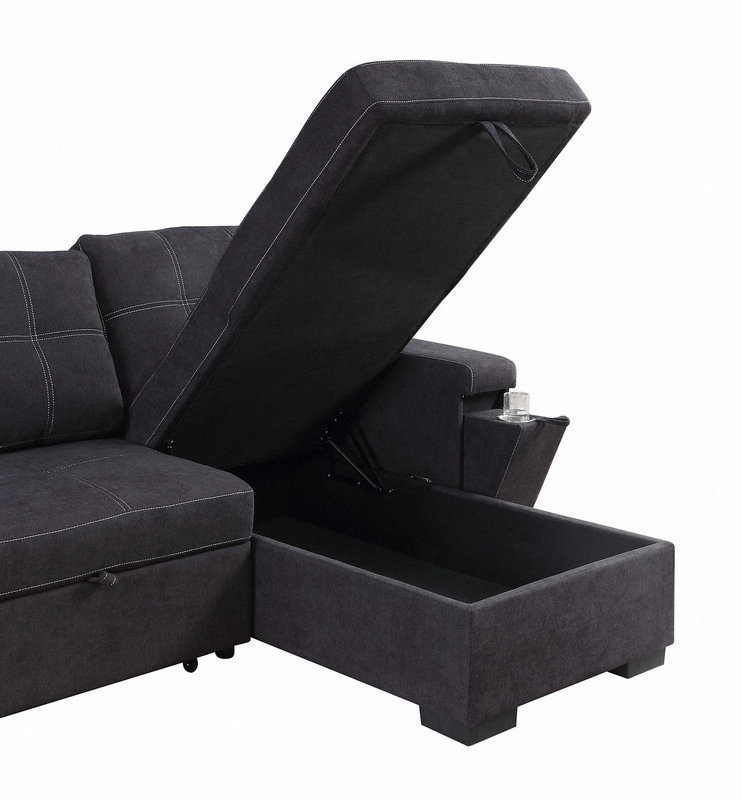 Canapé-lit modulaire réversible en tissu tissé noir l 95 po avec porte-gobelet de rangement et poches