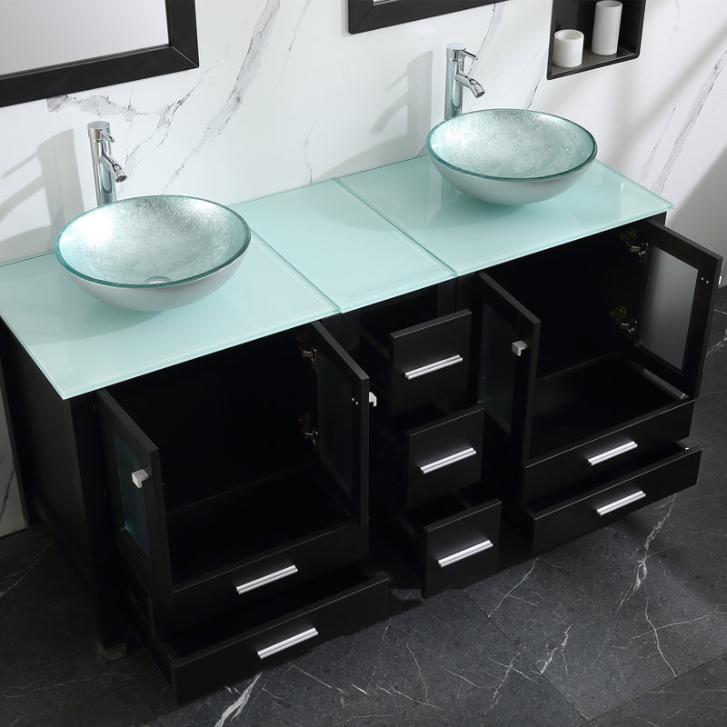 Ensemble de meuble-lavabo double 61,5 "avec miroir, Noir, Brun; ambre
