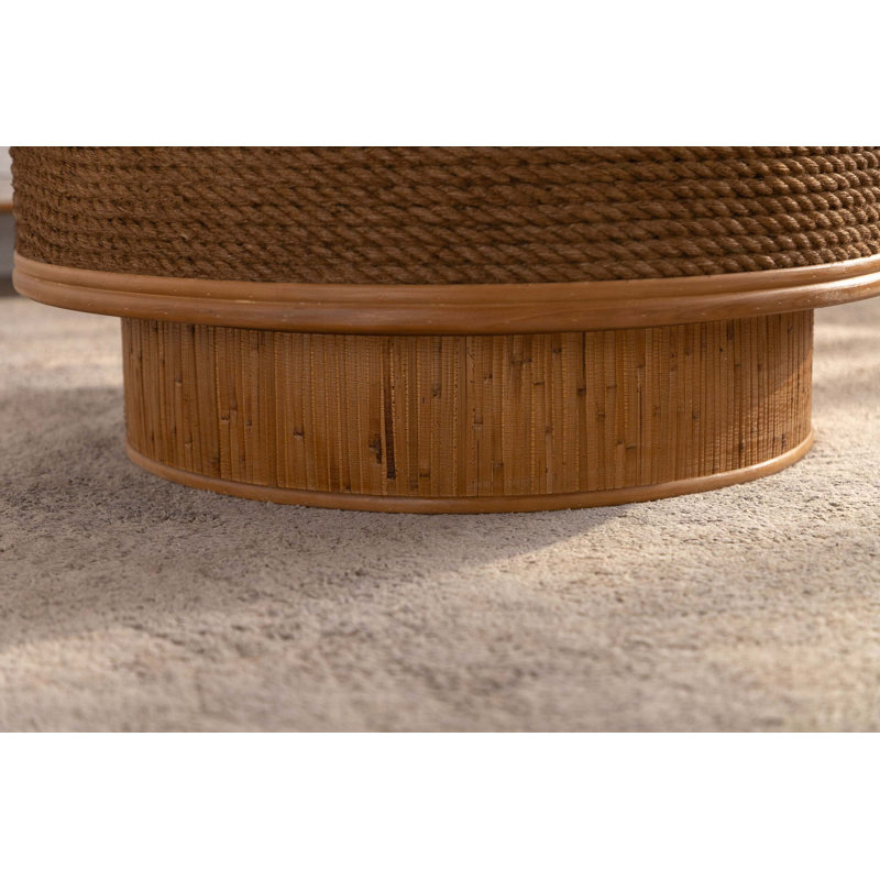 Table basse ronde de 31,5 po avec couvercle rabattable - corde de chanvre et rotin, avec un style naturel rétro