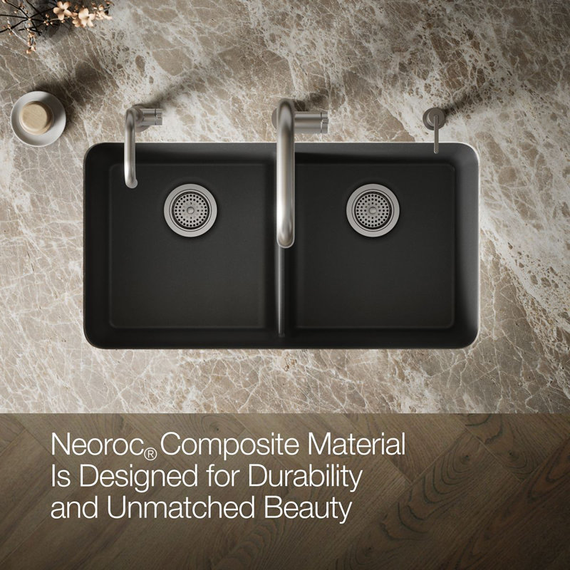 Cairn® 34" L x 18" W Under-Mount Double-Equal Kitchen Sink, Matte Graphite
