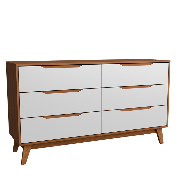 Rio Modern 6-drawer Dresser With Built-in Handles And Wooden Base, Brown/White