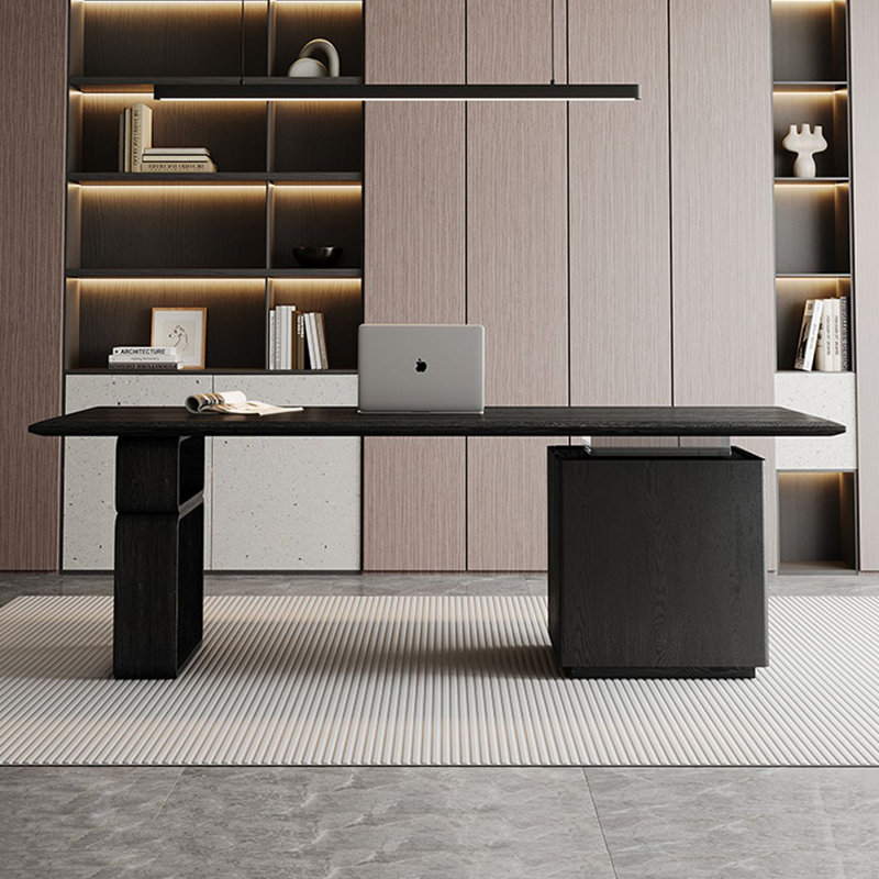 Bureau rectangulaire noir massif + bois manufacturé + acrylique avec 2 tiroirs, Left Hand Return