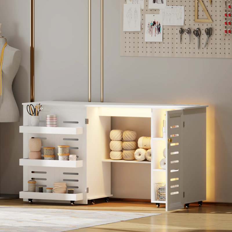 Table de couture pliante avec capteurs à 3 couleurs, station de bricolage avec prises de courant, Blanc