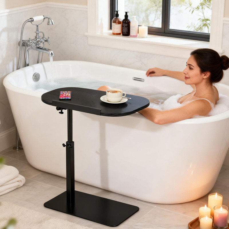 Table d'appoint en forme de C pour canapé, table de bout réglable en hauteur avec base en métal robuste, plateau de bureau pliable pour ordinateur portable pour petits espaces, lit, canapé, salon, bureau, design minimaliste moderne, noir