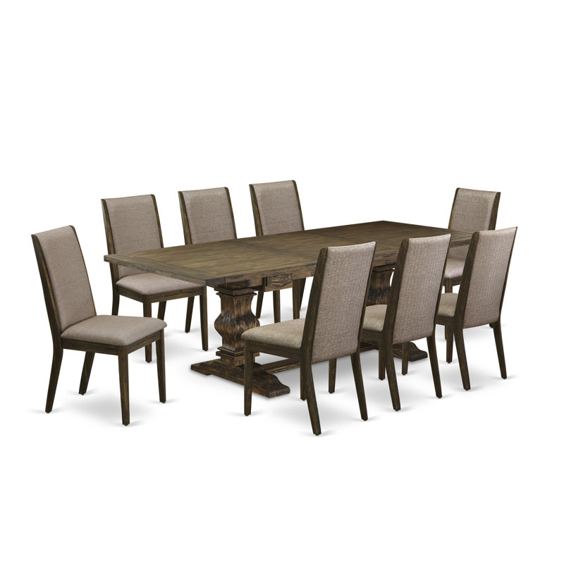 Ensemble de table de salle à manger 9 pièces comprenant une table rectangulaire en bois avec rallonge amovible et 8 chaises rembourrées en tissu kaki foncé