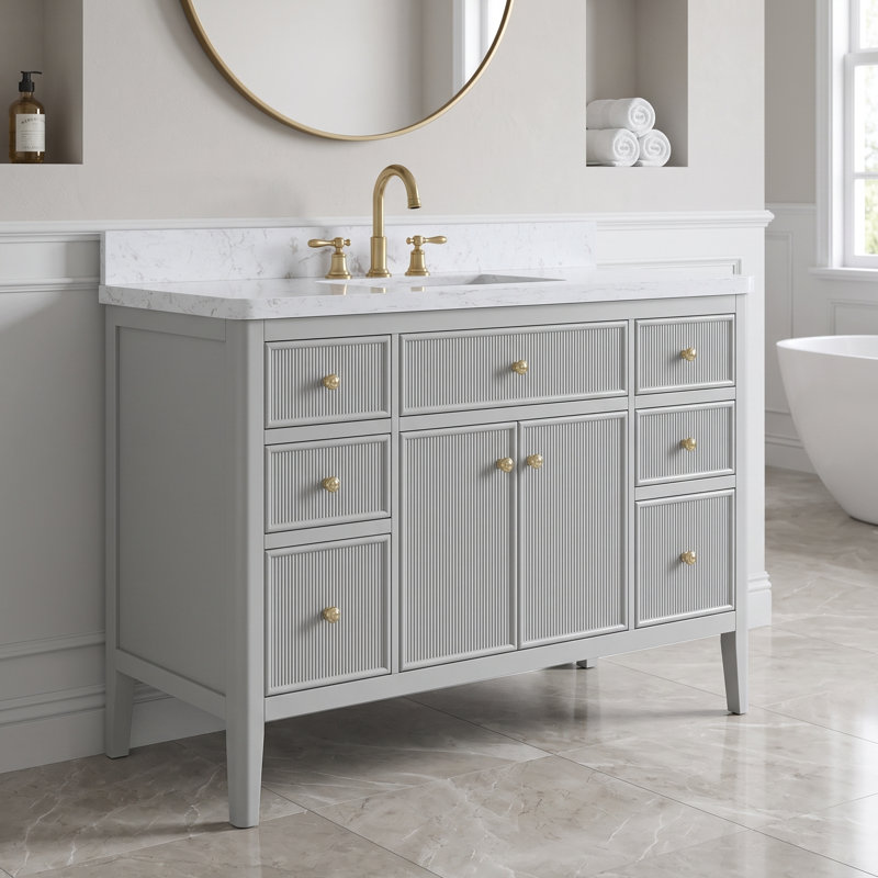 Meuble-lavabo autoportant en bois massif de 48 pouces avec comptoir, gris, entièrement assemblé, Grey