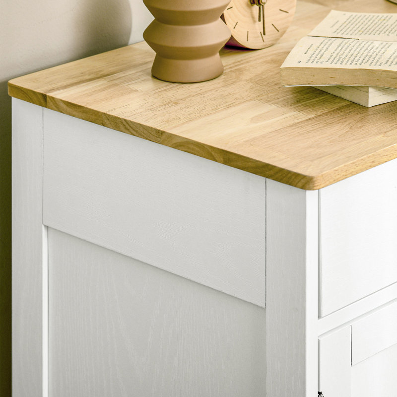 Kitchen Cabinet Sideboard - Solid Wood Countertop In Distressed White With 2 Drawers, Doors, And Adjustable Shelf For Practical Function Top Modern