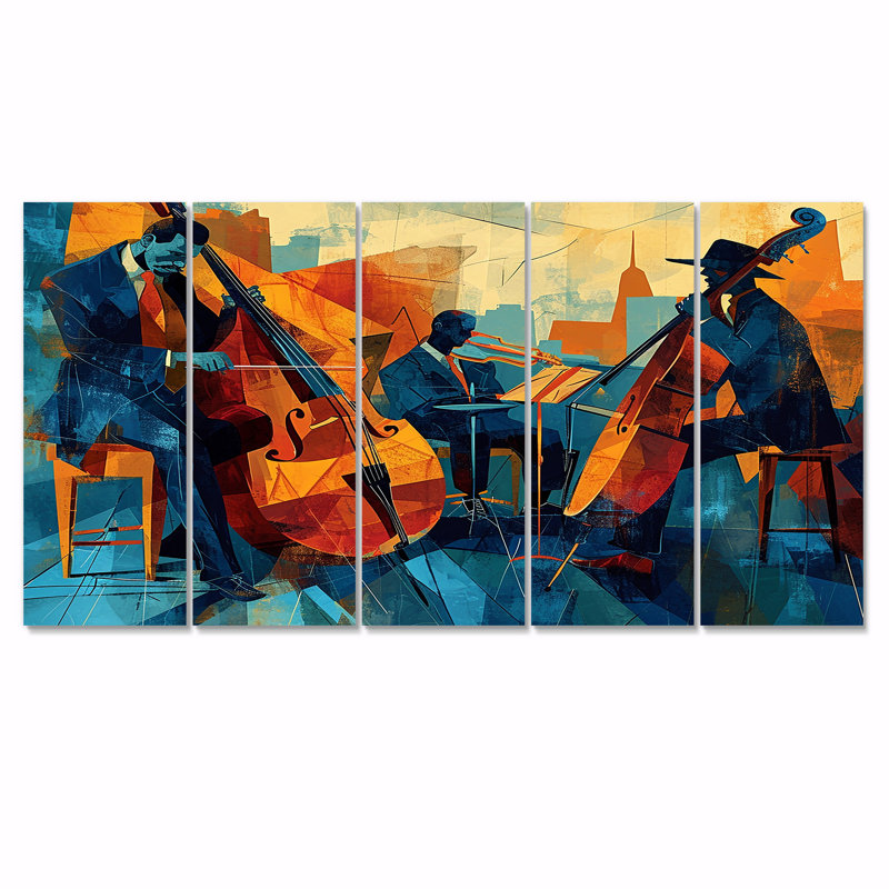 «Jazz Silhouettes Retro Blue and Brown - Musician Wall Art», toile 5 pièces, H 28 po x l 60 po