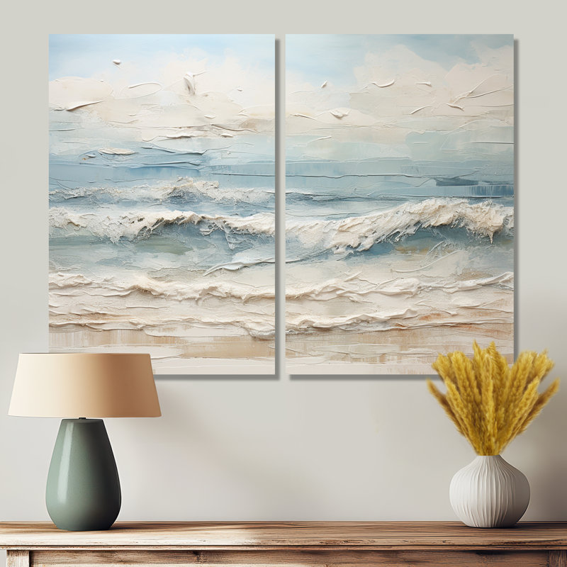 Peinture de bord de mer beige et bleue - art mural nautique beige 2 pièces, Toile tendue, Ne s’applique pas