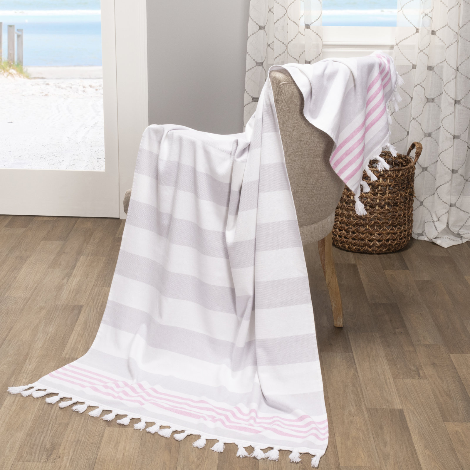Striped Tasseled Cotton Beach Towel, Gray
