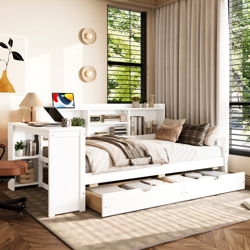 Lit de jour simple avec port de charge, bibliothèque et rangement en blanc