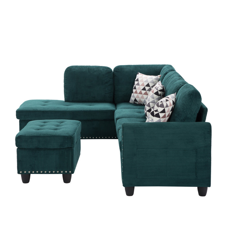 3 - Piece Upholstered Sectional, Green Corduroy