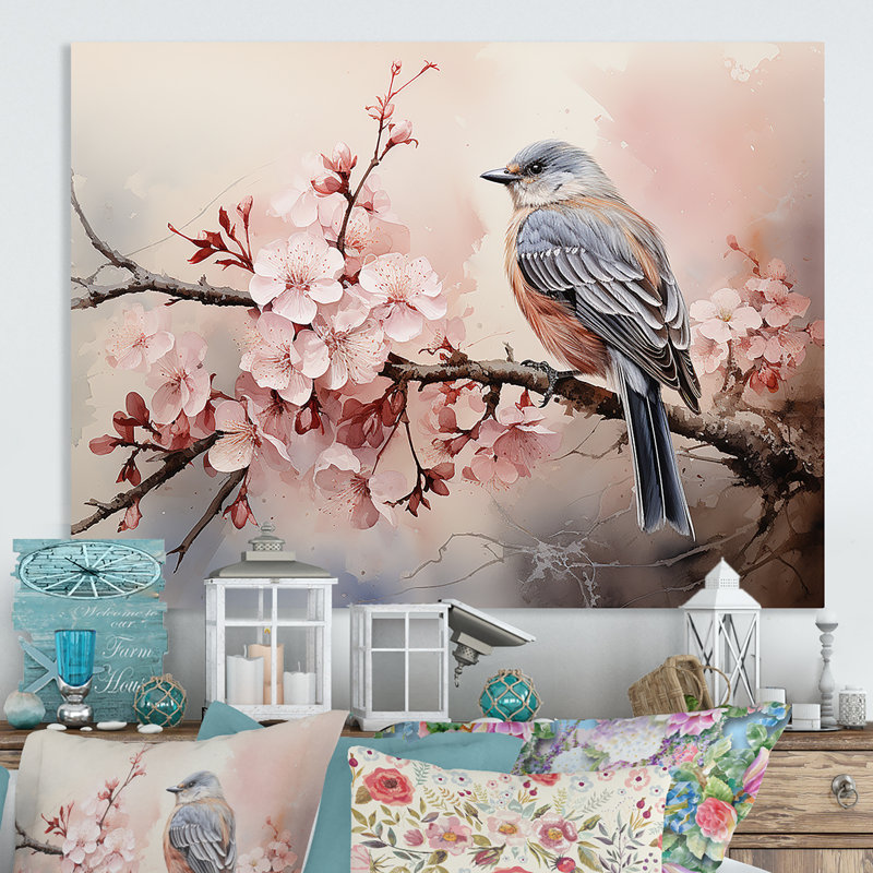 Oiseaux roses et bleus sur un arbre en fleurs de cerisier II - Art mural en métal, H 12 po x l 20 po x P 1 po