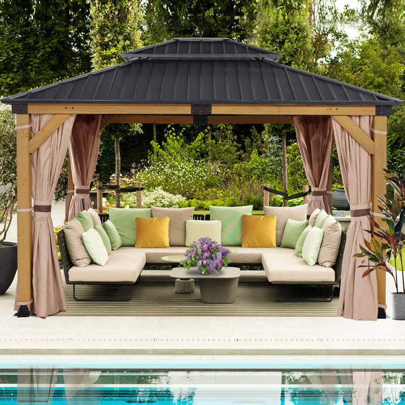 Cedar Wood Patio Gazebo, Double Metal Roof Hardtop Gazebo with curtain and Screen, 114" H x 143" W x 121" D, Yellow