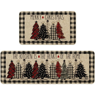 Buffalo Plaid Xmas Tree Merry Christmas Kitchen Mats Set Of 2, Winter Home Decor Low-Profile Kitchen Rugs For Floor - 17X29 And 17X47 Inch