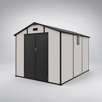 Spacious 8x10 FT Lockable Resin Outdoor Storage Shed with Window and Floor, Durable and Weather-Resistant for Garden Tools and Equipment