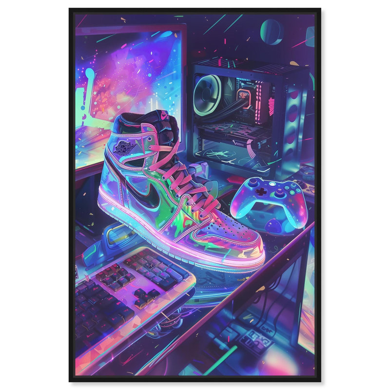 Toile «Neon Gaming Set Up» par Art Remedy, H 16 po x l 11 po, Argent, Cadre flottant